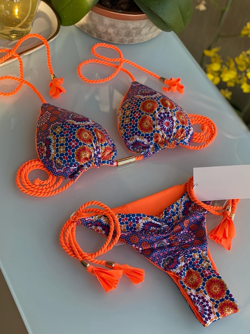 Printed Fabric Rope Bikini Triangle Swimsuit Swimwear - Image 1